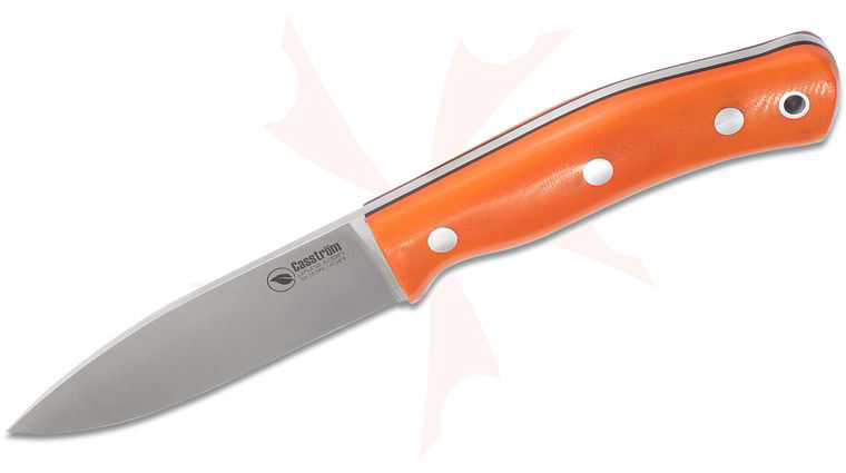 Casstrom Sweden No. 10 SFK Fixed Blade Knife 4 inch 14C28N Full Flat Ground Drop Point, Orange G10 Handles, Black Leather Sheath