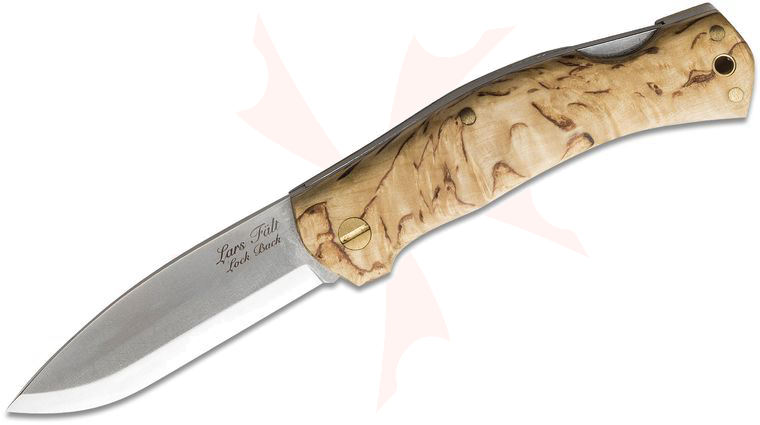 Casstrom Sweden Lars Fält Lockback Folding Knife 3 inch 14C28N Scandi Ground Blade, Curly Birch Wood Handles