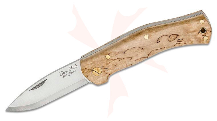 Casstrom Sweden Lars Falt Slipjoint Folding Knife 3 inch N690 Scandi Ground Blade, Curly Birch Wood Handles