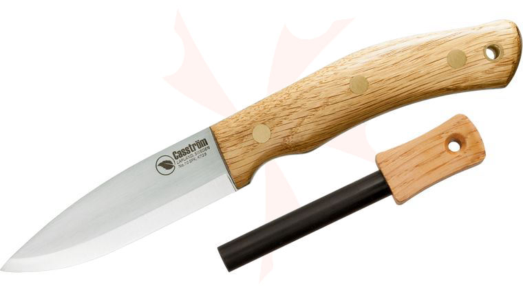 Casstrom Sweden No.10 SFK Fixed 3.875 inch O2 Scandi Ground Blade, Oak Wood Handles, Leather Sheath with Fire Steel