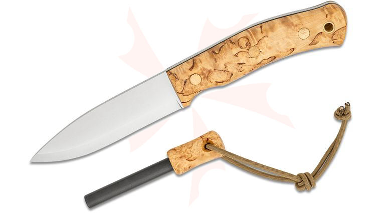Casstrom Sweden No.10 SFK Fixed 3.875 inch Sleipner Scandi Ground Blade, Curly Birch Wood Handles, Leather Sheath with Fire Steel