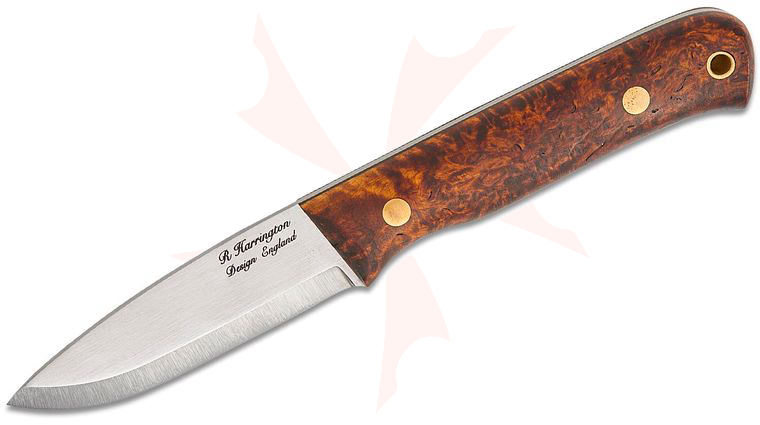 Casstrom Sweden Woodsman Jarv Fixed Blade Knife 3.38 inch 15N20 Scandi Ground Blade, Stained Curly Birch Wood Handles, Leather Sheath