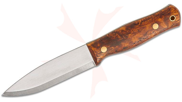 Casstrom Sweden Lars Falt Jarv Fixed Blade Knife 4.5 inch 15N20 Scandi Ground Blade, Stained Curly Birch Wood Handles, Leather Sheath