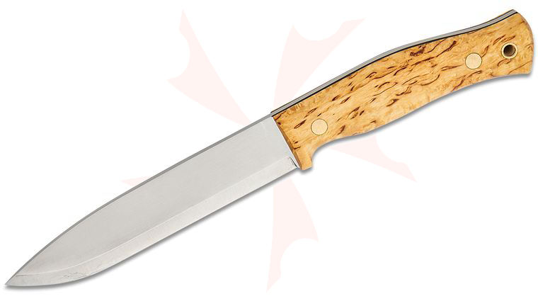 Casstrom Sweden No. 14 SFK Fixed Blade Knife 5.51 inch A8 Mod Scandi Ground Drop Point, Curly Birch Handles, Leather Sheath