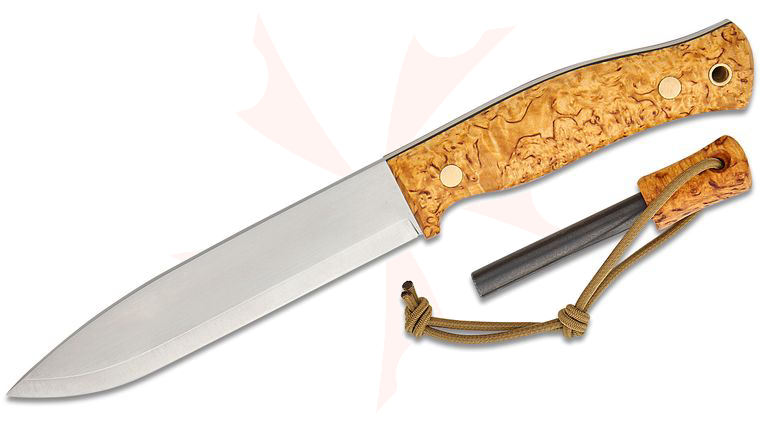 Casstrom Sweden No. 14 SFK Fixed Blade Knife 5.51 inch A8 Mod Scandi Ground Drop Point, Curly Birch Handles, Leather Sheath with Fire Striker