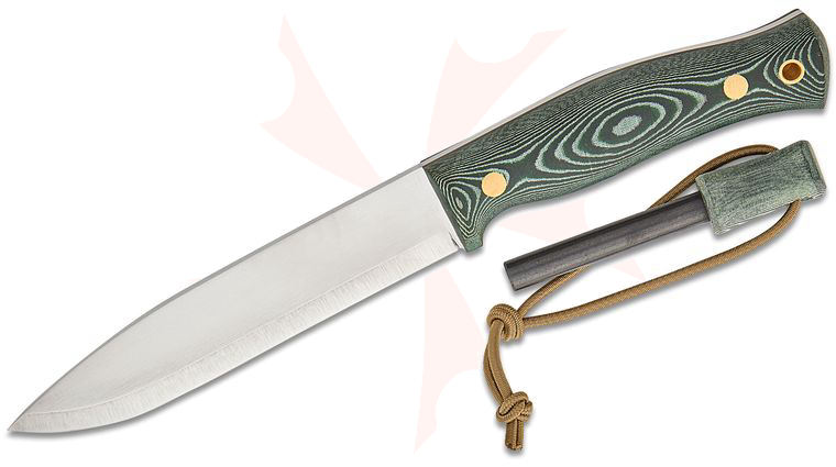 Casstrom Sweden No. 14 SFK Fixed Blade Knife 5.51 inch A8 Mod Scandi Ground Drop Point, Green Micarta Handles, Leather Sheath with Fire Striker