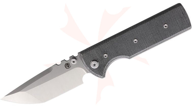 Chaves Knives NTAK Blue Label Liner Lock Flipper Knife 3.625 inch Elmax Belt Satin Compound Tanto Blade, Black Micarta Handles