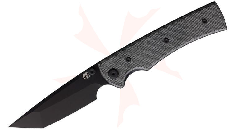 Chaves Knives Liberation 229 Blue Label Liner Lock Folding Knife 3.7 inch Elmax Black PVD Tanto Blade, Black Canvas Micarta Handles