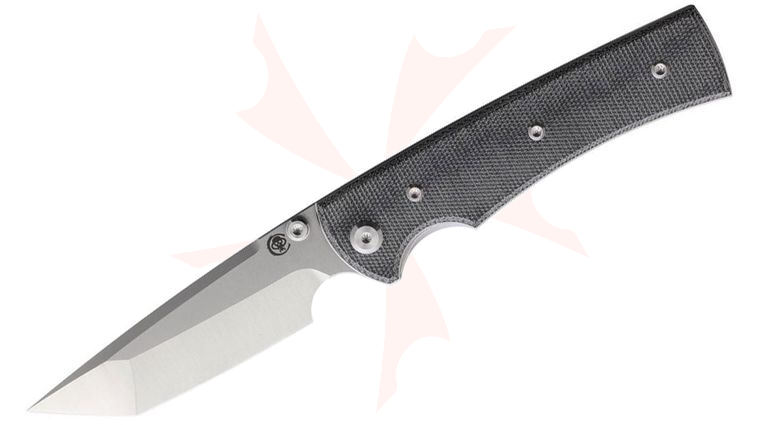 Chaves Knives Liberation 229 Blue Label Liner Lock Folding Knife 3.7 inch Elmax Belt Satin Tanto Blade, Black Canvas Micarta Handles