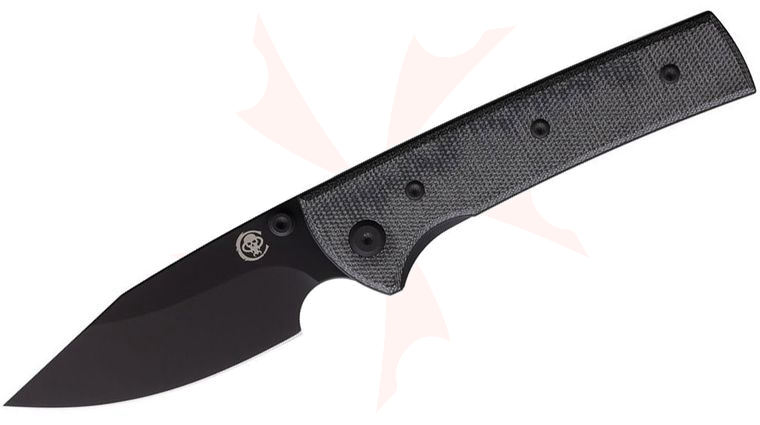 Chaves Knives Scapegoat Street Blue Label Liner Lock Folding Knife 3.375 inch Elmax Black PVD Clip Point Blade, Black Canvas Micarta Handles