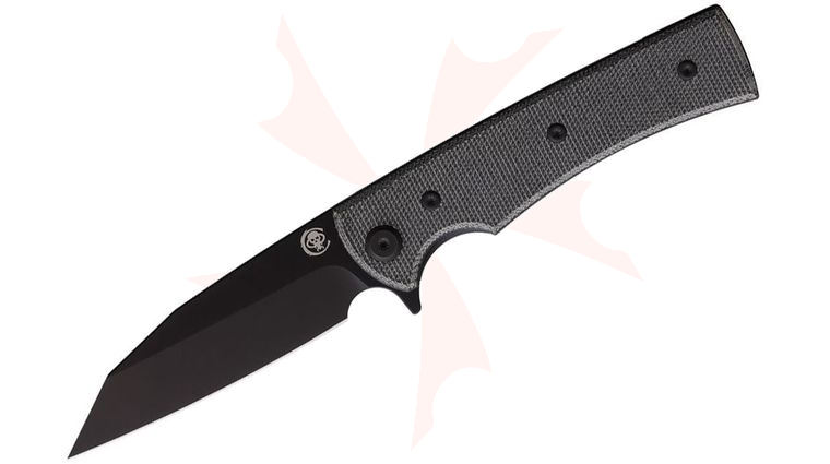 Chaves Knives Sangre Street Blue Label Liner Lock Flipper Knife 3.45 inch Elmax Black PVD Wharncliffe Blade, Black Canvas Micarta Handles