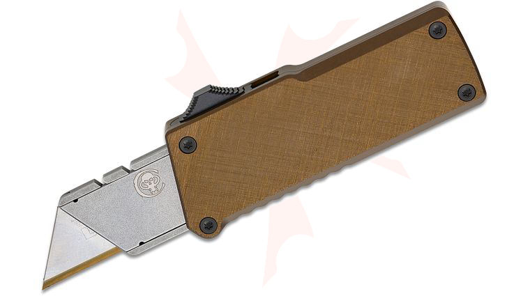 Chaves Knives CHUB Chaves Handy Utility Blade OTF AUTO Folding Knife, Replaceable Razor Blade (1 inch Cutting Edge), Brown Crosshatch Aluminum Handles, Black Hardware