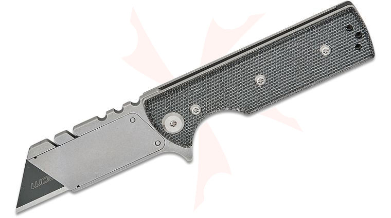 Chaves Knives CHUB Chaves Handy Utility Blade Blue Label Flipper Knife 2.625 inch Stonewashed Replaceable Razor Blade (1 inch Cutting Edge), Black Micarta Handles