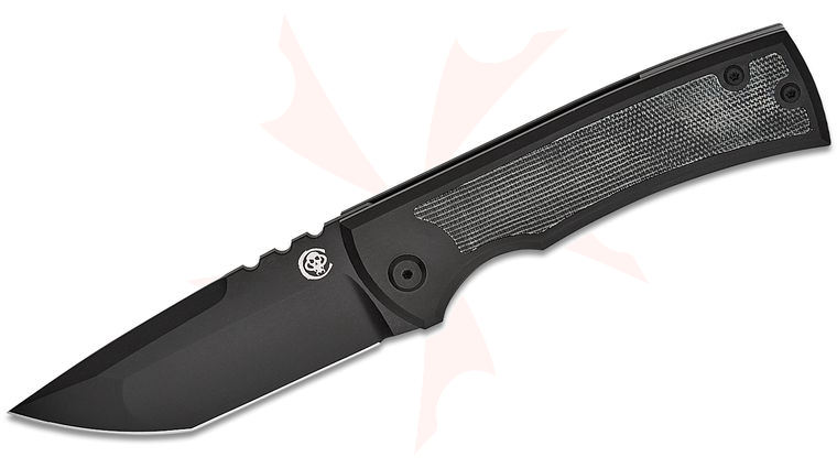 Chaves Knives Redencion 229 KickStop Flipper Knife 3.625 inch M390 Black Compound Tanto Blade, Black Titanium Handles with Bolstered Black Micarta Inlays