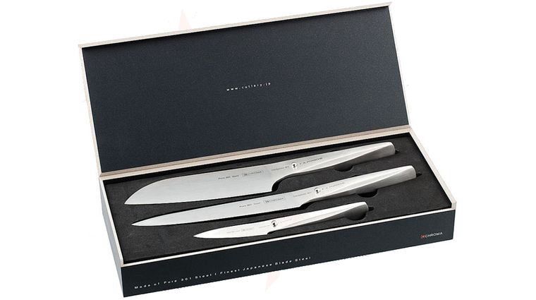Chroma Cutlery F.A. Porsche Type 301 7-1/4 inch Santoku, 8 inch Carving and 3-1/4 inch Paring Knife 3 Piece Set, Japanese 301 Stainless Steel