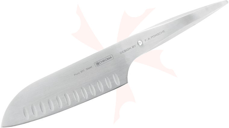 Chroma Cutlery F.A. Porsche Type 301 7-1/4 inch Hollow Ground Santoku Knife Granton Edge, Japanese 301 Stainless Steel