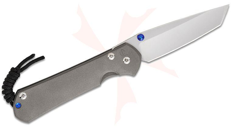 Chris Reeve Left Handed Large Sebenza 31 Folding Knife 3.61 inch CPM-MagnaCut Stonewashed Tanto Blade, Sandblasted Titanium Handles, Blue Hardware, Frame Lock
