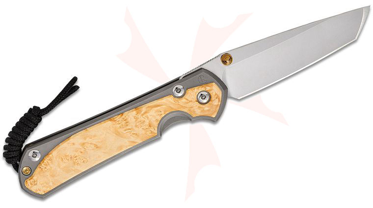 Chris Reeve Left Handed Large Sebenza 31 Frame Lock Folding Knife 3.61 inch CPM-MagnaCut Stonewashed Tanto Blade, Glass Blasted Titanium Handles with Box Elder Burl Inlays