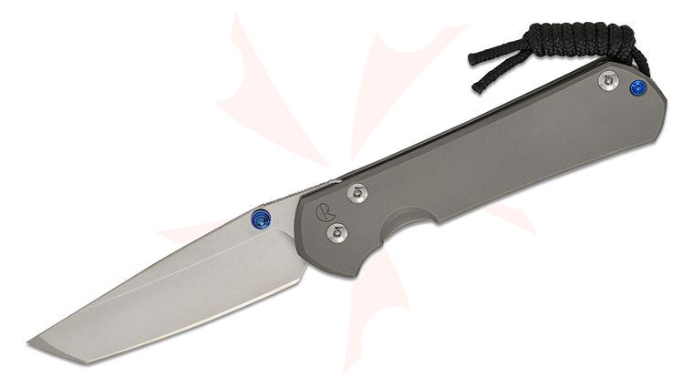 Chris Reeve Large Sebenza 31 Folding Knife 3.61 inch CPM-MagnaCut Stonewashed Tanto Blade, Glass Blasted Titanium Handles, Blue Hardware
