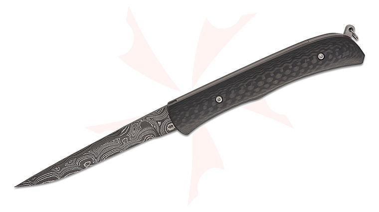 Chuck Gedraitis Custom One-Off Gents AUTO Folding Knife 3.25 inch Vegas Forge Typhoon Damascus Blade, Carbon Fiber Handles, Key Ring