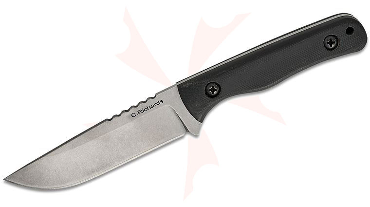 Chuck Richards FreeBird Fixed Blade Knife 4 inch CPM-MagnaCut Stonewashed Drop Point Blade, Black G10 Handles, Brown JRE Leather Sheath