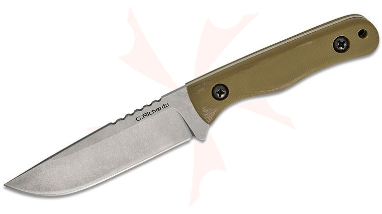 Chuck Richards FreeBird Fixed Blade Knife 4 inch CPM-MagnaCut Stonewashed Drop Point Blade, OD Green G10 Handles, Brown JRE Leather Sheath