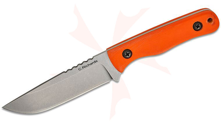 Chuck Richards FreeBird Fixed Blade Knife 4 inch CPM-MagnaCut Stonewashed Drop Point Blade, Hunter Orange G10 Handles, Black JRE Leather Sheath