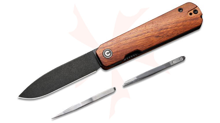 CIVIVI Knives Ben Petersen Sendy Liner Lock Flipper Knife 2.83 inch Nitro-V Black Stonewashed Drop Point Blade, Guibourtia Wood Handles, Toothpick and Tweezers Included
