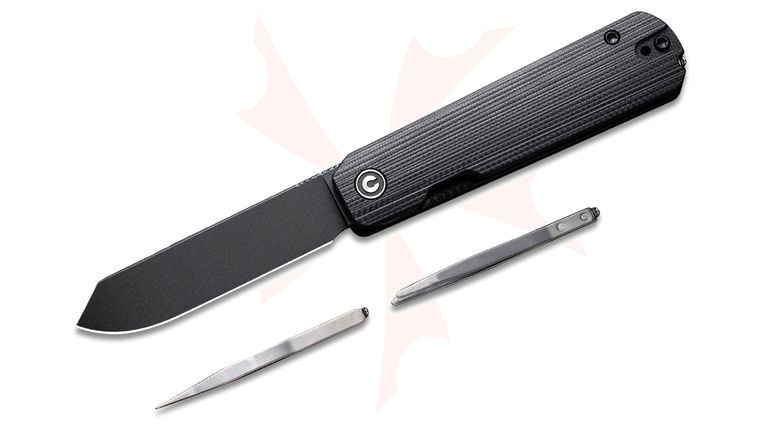 CIVIVI Knives Ben Petersen Sendy Liner Lock Flipper Knife 2.83 inch Nitro-V Black Stonewashed Spey Blade, Black G10 Handles, Toothpick and Tweezers Included