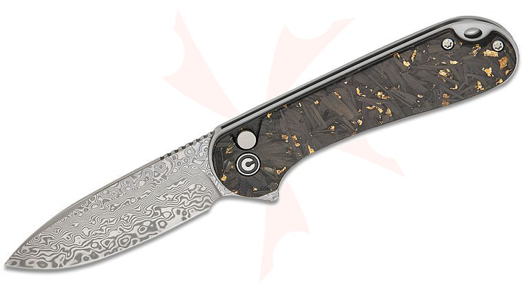 CIVIVI Knives Button Lock Elementum II Flipper Knife 2.96 inch Damascus Drop Point Blade, Gold Shred Carbon Fiber Handles