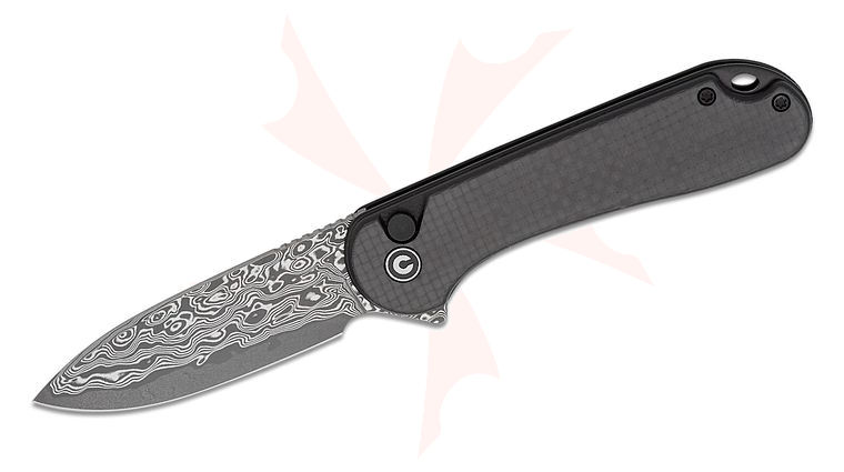 CIVIVI Knives Button Lock Elementum II Flipper Knife 2.96 inch Damascus Drop Point Blade, Black G10 Handles with Twill Carbon Fiber Overlays