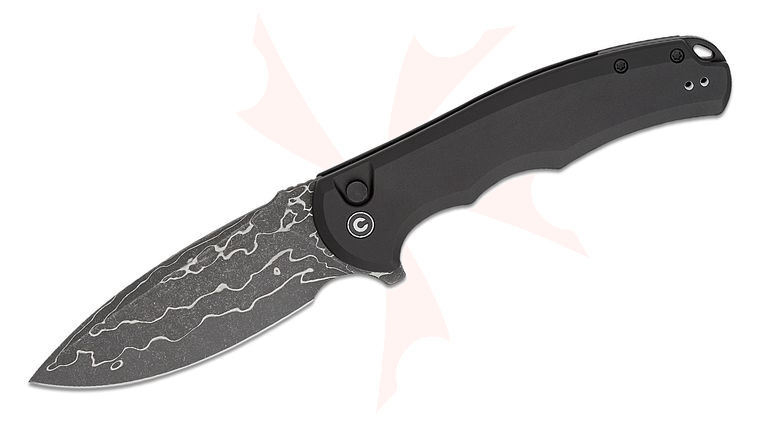CIVIVI Knives Button Lock Praxis Flipper Knife 3.75 inch Damascus Drop Point Blade, Black Aluminum Handles