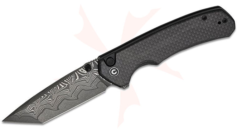 CIVIVI Knives Button Lock Brazen Flipper Knife 3.46 inch Damascus Tanto Blade, Black G10 Handles with Carbon Fiber Overlays