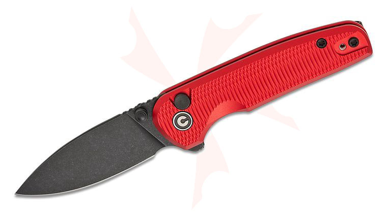 CIVIVI Knives Mini Shakan Button Lock Flipper Knife 2.48 inch Nitro-V Black Stonewashed Drop Point Blade, Red Machined Aluminum Handles, Reversible Clip