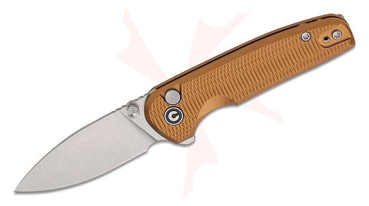 CIVIVI Knives Mini Shakan Button Lock Flipper Knife 2.48 inch Nitro-V Satin Drop Point Blade, Coyote Brown Machined Aluminum Handles, Reversible Clip