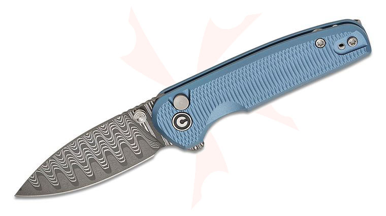 CIVIVI Knives Mini Shakan Button Lock Flipper Knife 2.48 inch Damascus Drop Point Blade, Blue Machined Aluminum Handles, Reversible Clip