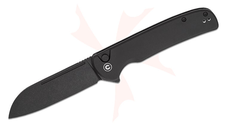 CIVIVI Knives Chevalier II Button Lock Flipper Knife 3.47 inch 14C28N Black Stonewashed Sheepsfoot Blade, Black Aluminum Handles