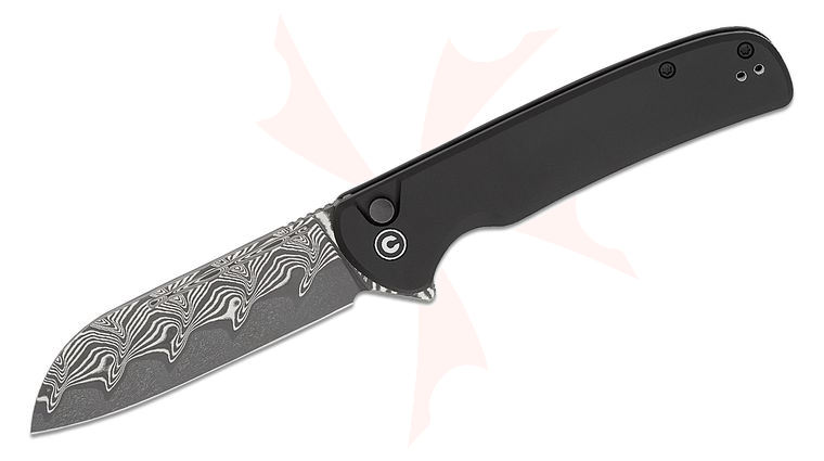 CIVIVI Knives Chevalier II Button Lock Flipper Knife 3.47 inch Damascus Sheepsfoot Blade, Black Aluminum Handles
