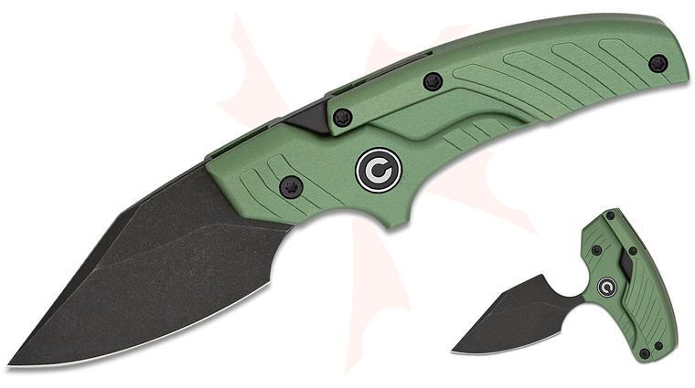 CIVIVI Knives Typhoeus Folding Push Dagger Fixed Blade Knife 2.27 inch 14C28N Black Stonewashed Clip Point Blade, Green Aluminum Handles, Leather Sheath