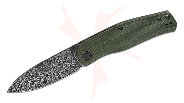 CIVIVI Knives Ray Laconico Sokoke Front Flipper Knife 3.35 inch Damascus Drop Point Blade, Green Canvas Micarta Handles