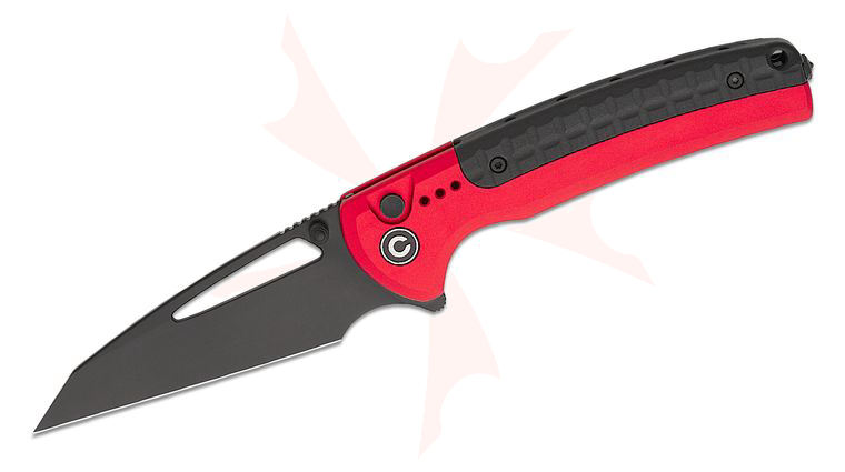 CIVIVI Knives Sentinel Strike Button Lock Flipper Knife 3.7 inch K110 (D2) Black Reverse Tanto Blade, Red Aluminum Handles with Black FRN Inlay