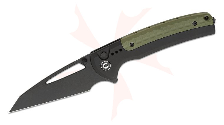 CIVIVI Knives Sentinel Strike Button Lock Flipper Knife 3.7 inch K110 (D2) Black Reverse Tanto Blade, Black Aluminum Handles with OD Green FRN Inlay