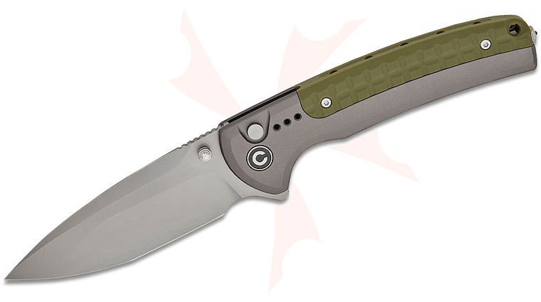 CIVIVI Knives Sentinel Strike II Button Lock Flipper Knife 3.7 inch Nitro-V Stonewashed Compound Drop Point Blade, Gray Aluminum Handles with OD Green FRN Integral Backspacer Inlay