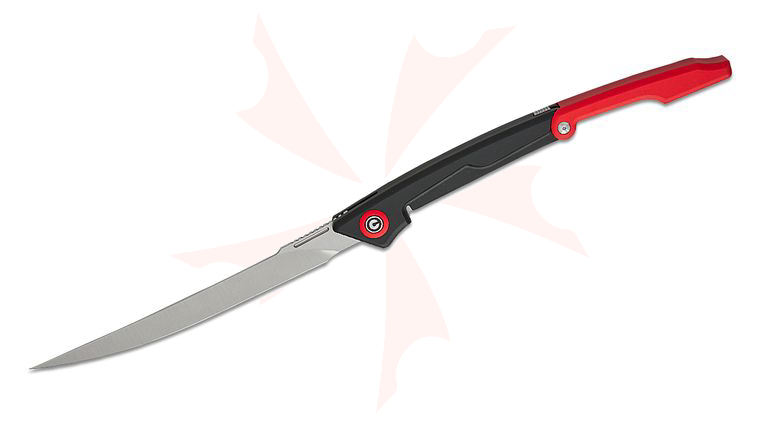 CIVIVI Knives Shawka Liner Lock Folding Fillet Knife 5.81 inch 14C28N Satin Trailing Point Blade, Black And Red Aluminum Handles, Nylon Belt Sheath