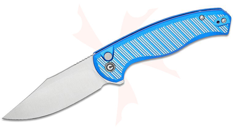 CIVIVI Knives Stormhowl Button Lock Flipper Knife 3.3 inch Nitro-V Satin Clip Point Blade, Machined Bright Blue Aluminum Handles with Satin Flats