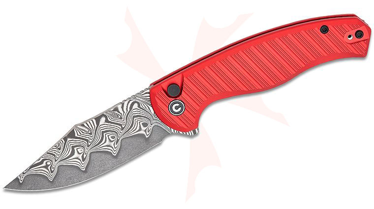 CIVIVI Knives Stormhowl Button Lock Flipper Knife 3.3 inch Damascus Clip Point Blade, Machined Red Aluminum Handles