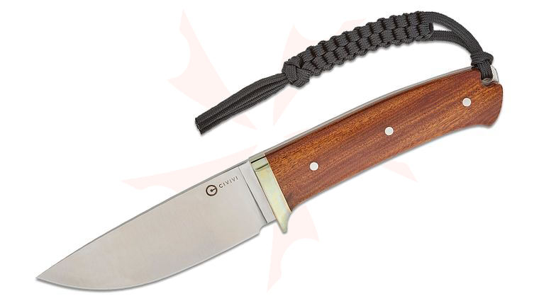 CIVIVI Knives Cloud Peak Fixed Blade Knife 4.6 inch Nitro-V Satin Drop Point Blade, Contoured Guibourtia Wood Handle with Nickel Silver Guard, Brown Leather Sheath