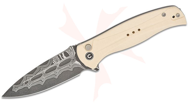 CIVIVI Knives Incindie Button Lock Flipper Knife 3.48 inch Damascus Spear Point Blade, Ivory G10 Handles, Reversible Clip