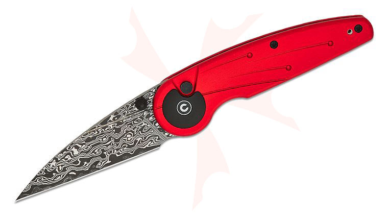 CIVIVI Knives Starflare Button Lock Folding Knife 3.3 inch Damascus Wharncliffe Blade, Milled Red Aluminum Handles