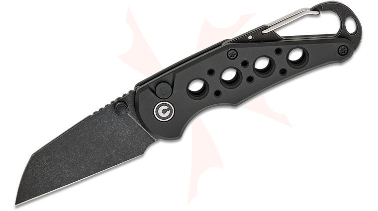 CIVIVI Knives Pragma Button Lock Folding Knife 2.2 inch Nitro-V Black Stonewashed Wharncliffe Blade, Black Milled Aluminum Handles with Carabiner and Bottle Opener
